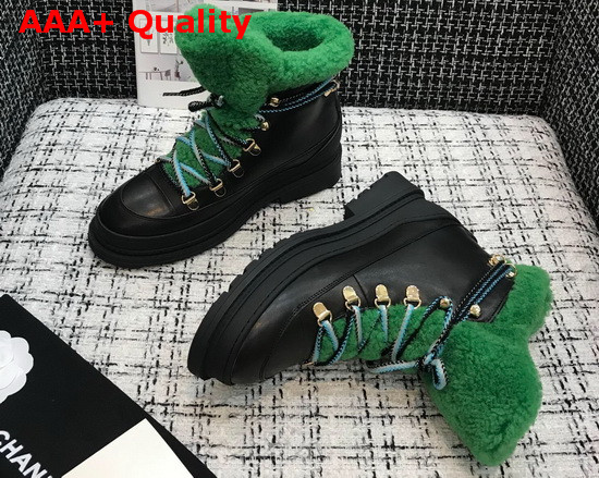 Chanel Lace Ups Black Calfskin and Green Shearling Lining Replica