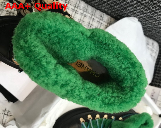 Chanel Lace Ups Black Calfskin and Green Shearling Lining Replica