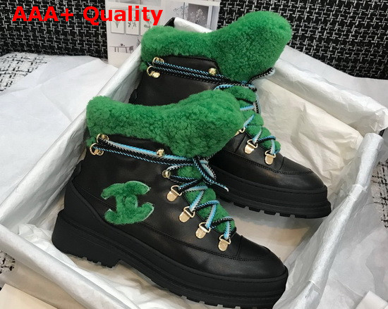 Chanel Lace Ups Black Calfskin and Green Shearling Lining Replica