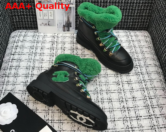 Chanel Lace Ups Black Calfskin and Green Shearling Lining Replica