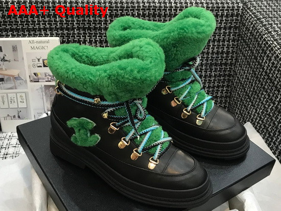 Chanel Lace Ups Black Calfskin and Green Shearling Lining Replica