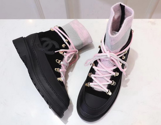 Chanel Lace Ups Calfskin and Mixed Fibers Black Pink and Grey G35375