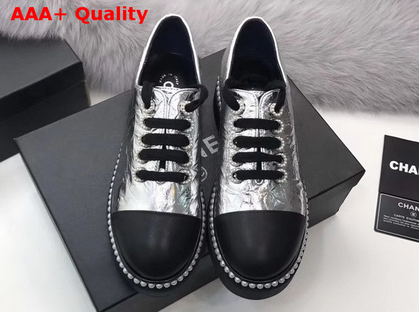 Chanel Lace Ups Metallic Calfskin and Lambskin Silver and Black Replica