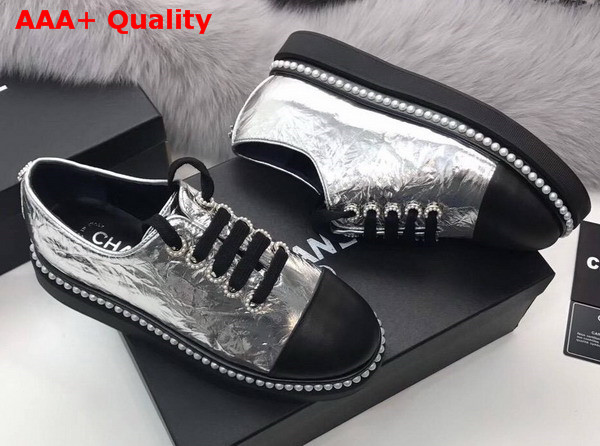 Chanel Lace Ups Metallic Calfskin and Lambskin Silver and Black Replica