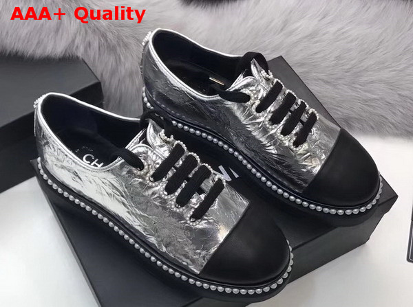 Chanel Lace Ups Metallic Calfskin and Lambskin Silver and Black Replica