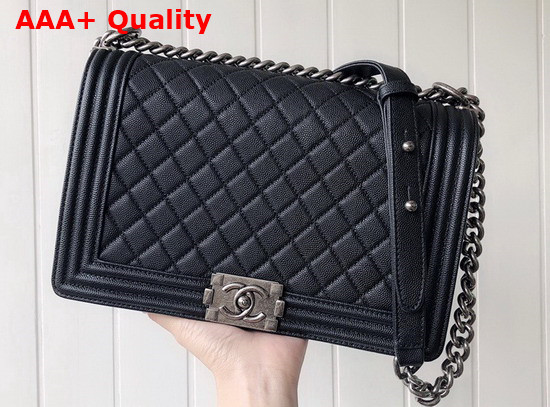 Chanel Large Boy Chanel Handbag Black Grained Calfskin Ruthenium Finish Metal A92193 Replica