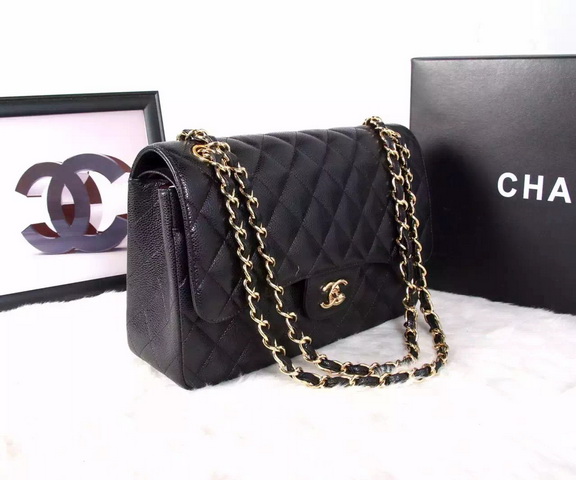 Chanel Large Classic Caviar Flap Bag Black Gold Chain for Sale