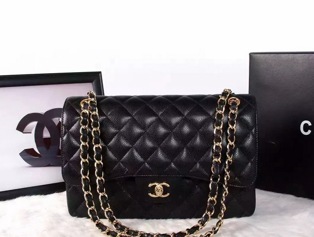 Chanel Large Classic Caviar Flap Bag Black Gold Chain for Sale