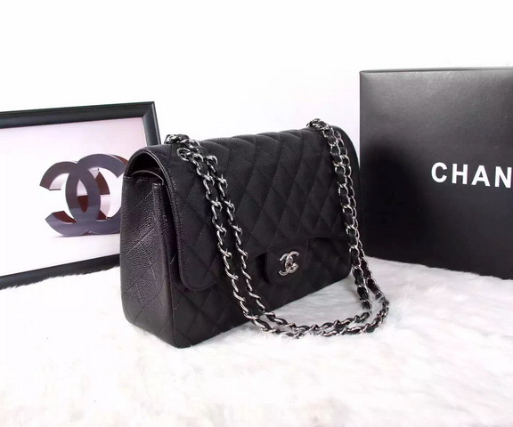 Chanel Large Classic Caviar Flap Bag Black Silver Chain for Sale