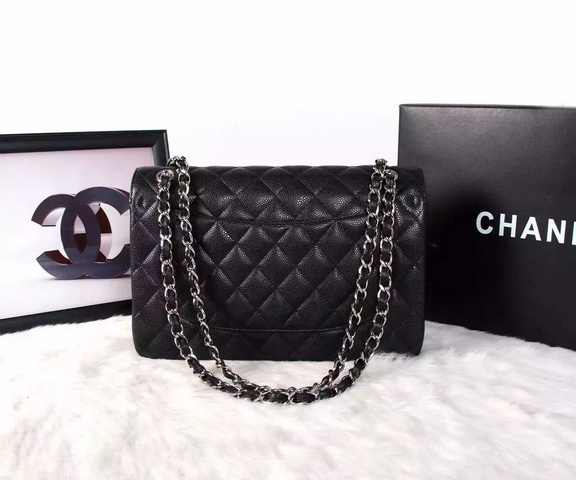 Chanel Large Classic Caviar Flap Bag Black Silver Chain for Sale