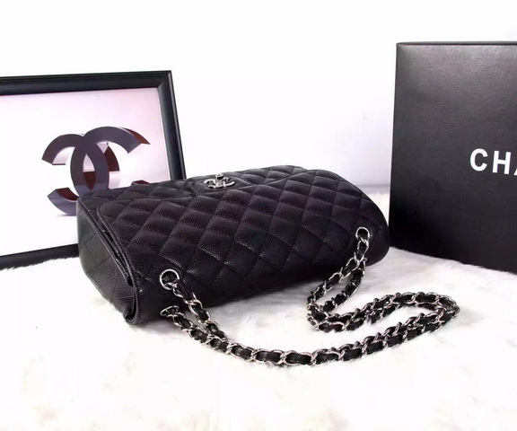 Chanel Large Classic Caviar Flap Bag Black Silver Chain for Sale