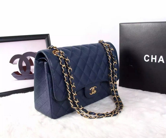 Chanel Large Classic Caviar Flap Bag Blue Gold Chain for Sale