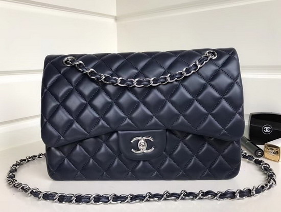 Chanel Large Classic Flap Bag Navy Blue Quilted Lambskin Silver Tone Metal