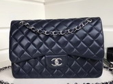 Chanel Large Classic Flap Bag Navy Blue Quilted Lambskin Silver Tone Metal