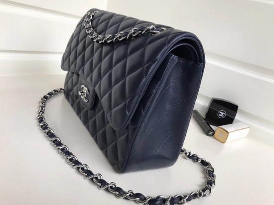 Chanel Large Classic Flap Bag Navy Blue Quilted Lambskin Silver Tone Metal