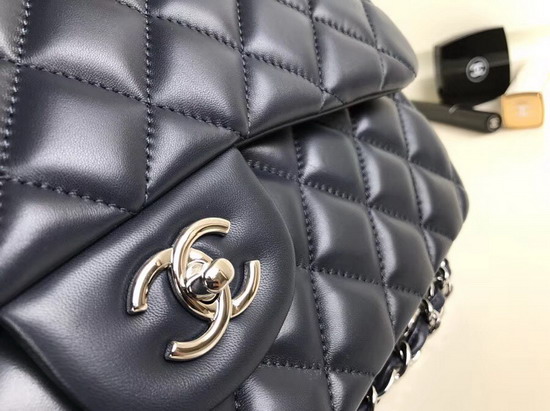 Chanel Large Classic Flap Bag Navy Blue Quilted Lambskin Silver Tone Metal