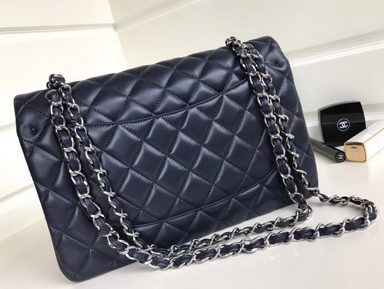 Chanel Large Classic Flap Bag Navy Blue Quilted Lambskin Silver Tone Metal