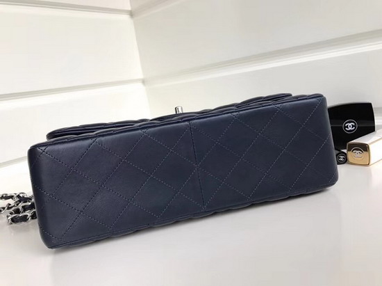 Chanel Large Classic Flap Bag Navy Blue Quilted Lambskin Silver Tone Metal