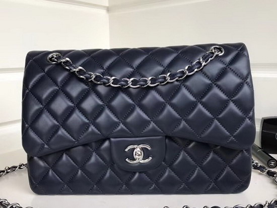 Chanel Large Classic Flap Bag Navy Blue Quilted Lambskin Silver Tone Metal