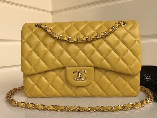 Chanel Large Classic Flap Bag Yellow Quilted Lambskin Gold Tone Metal