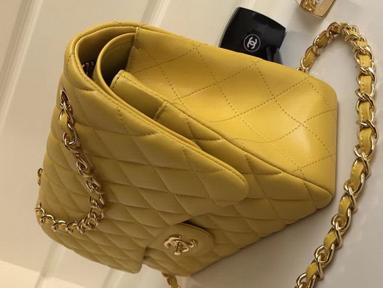 Chanel Large Classic Flap Bag Yellow Quilted Lambskin Gold Tone Metal