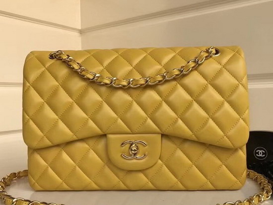 Chanel Large Classic Flap Bag Yellow Quilted Lambskin Gold Tone Metal