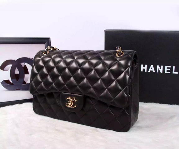 Chanel Large Classic Flap Bag in Black Quilted Lambskin with Gold Chain for Sale