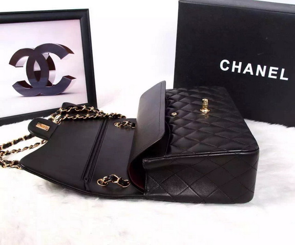 Chanel Large Classic Flap Bag in Black Quilted Lambskin with Gold Chain for Sale