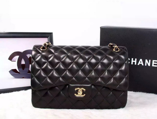 Chanel Large Classic Flap Bag in Black Quilted Lambskin with Gold Chain for Sale