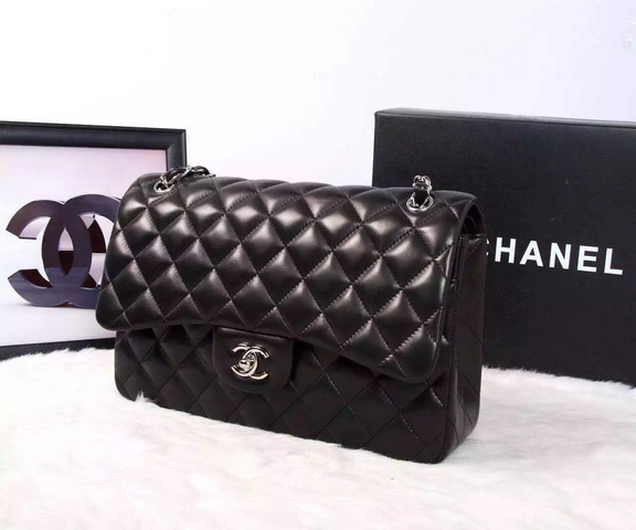 Chanel Large Classic Flap Bag in Black Quilted Lambskin with Silver Chain for Sale