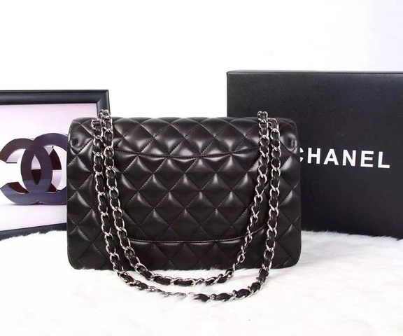 Chanel Large Classic Flap Bag in Black Quilted Lambskin with Silver Chain for Sale