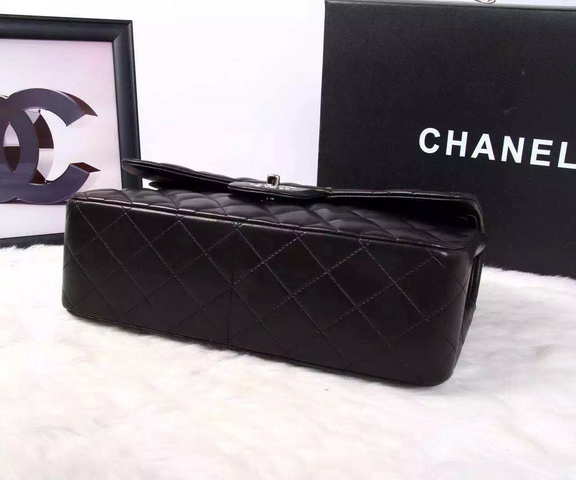 Chanel Large Classic Flap Bag in Black Quilted Lambskin with Silver Chain for Sale