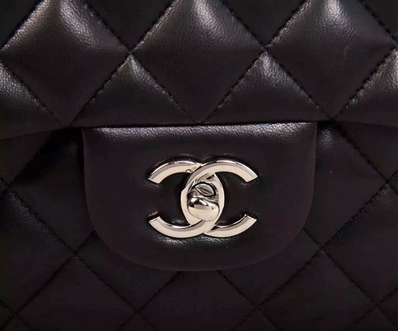 Chanel Large Classic Flap Bag in Black Quilted Lambskin with Silver Chain for Sale