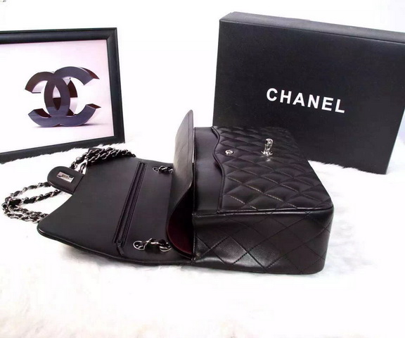 Chanel Large Classic Flap Bag in Black Quilted Lambskin with Silver Chain for Sale