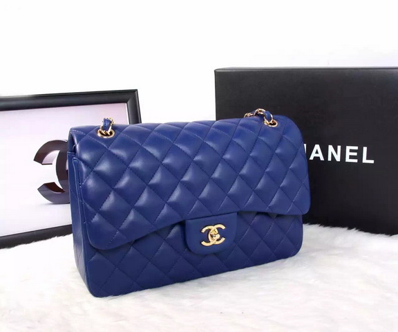 Chanel Large Classic Flap Bag in Blue Quilted Lambskin with Gold Chain for Sale