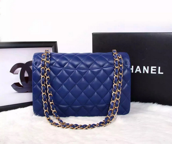 Chanel Large Classic Flap Bag in Blue Quilted Lambskin with Gold Chain for Sale