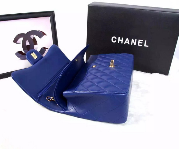 Chanel Large Classic Flap Bag in Blue Quilted Lambskin with Gold Chain for Sale