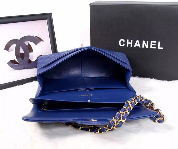 Chanel Large Classic Flap Bag in Blue Quilted Lambskin with Gold Chain for Sale