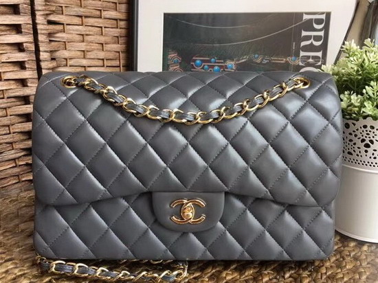 Chanel Large Classic Flap Bag in Grey Lambskin Gold Hardware