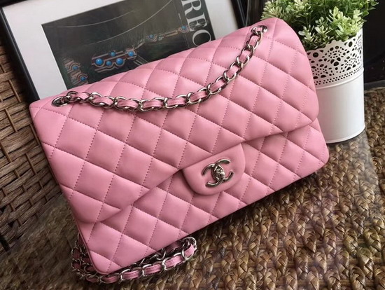 Chanel Large Classic Flap Bag in Pink with Silver Hardwae Quilted Lambskin