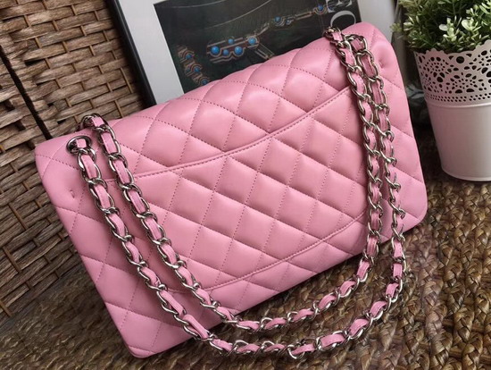 Chanel Large Classic Flap Bag in Pink with Silver Hardwae Quilted Lambskin