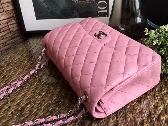 Chanel Large Classic Flap Bag in Pink with Silver Hardwae Quilted Lambskin