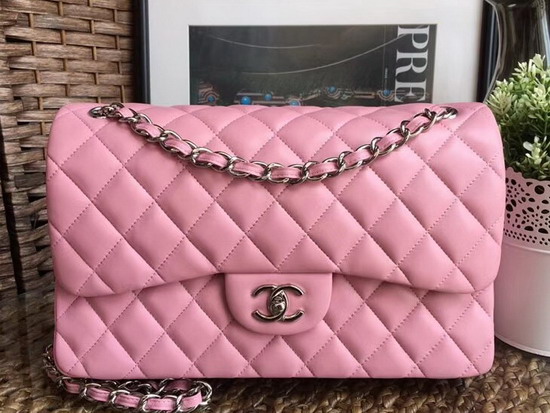 Chanel Large Classic Flap Bag in Pink with Silver Hardwae Quilted Lambskin