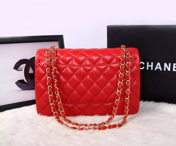 Chanel Large Classic Flap Bag in Red Quilted Lambskin with Gold Chain for Sale