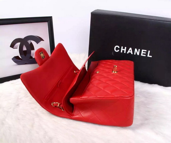 Chanel Large Classic Flap Bag in Red Quilted Lambskin with Gold Chain for Sale