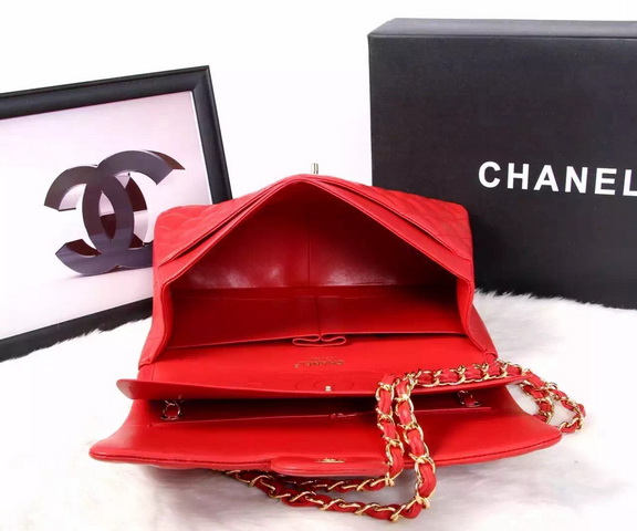 Chanel Large Classic Flap Bag in Red Quilted Lambskin with Gold Chain for Sale