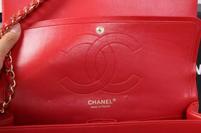 Chanel Large Classic Flap Bag in Red Quilted Lambskin with Gold Chain for Sale