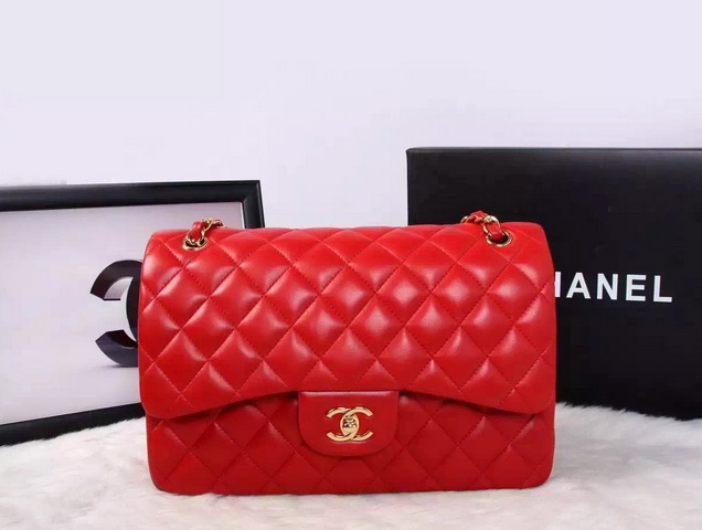 Chanel Large Classic Flap Bag in Red Quilted Lambskin with Gold Chain for Sale