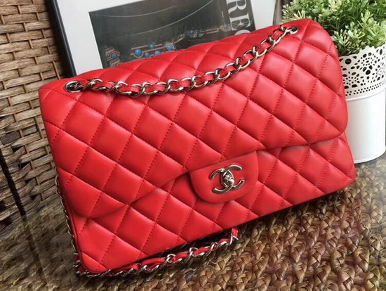 Chanel Large Classic Flap Bag in Red with Silver Hardware