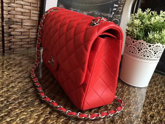 Chanel Large Classic Flap Bag in Red with Silver Hardware